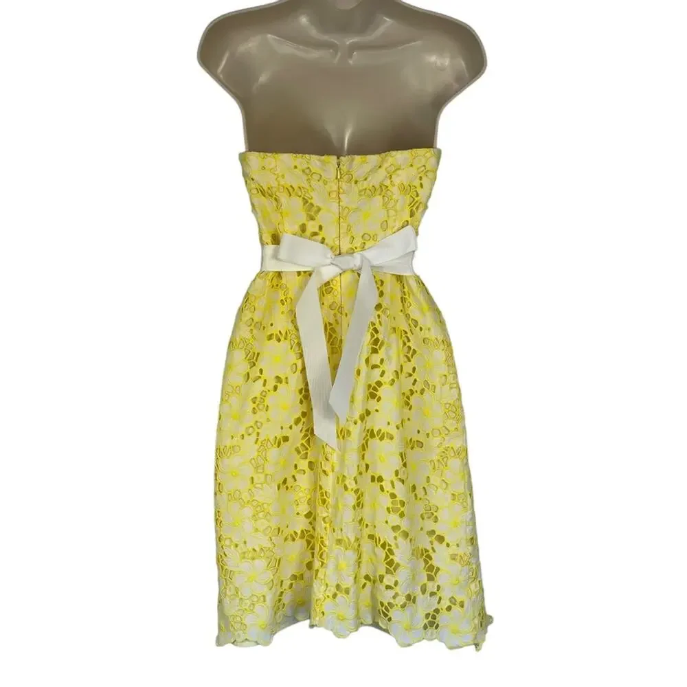 Lilly Pulitzer Vintage 90's Strapless Sienna Yellow Floral Eyelet Dress Size 2 - Picture 6 of 8